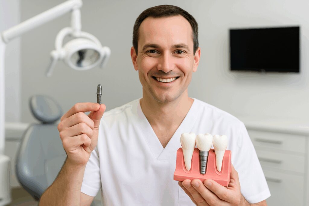 man holding dental implant in his right hand while holding a mental implant model in his left, smiling at the camera