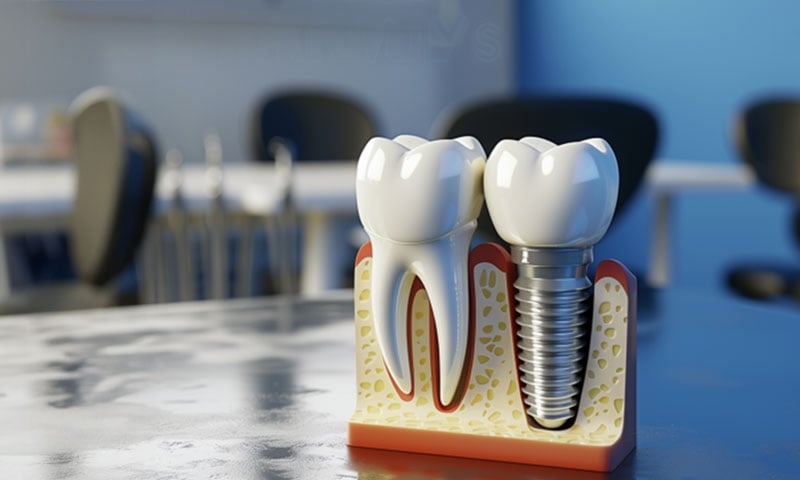 Dental implant model on a reflective table
