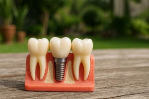 Implant model on a wooden deck outside