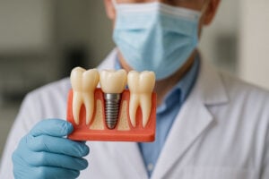 Male dentist holding a model of a dental implant