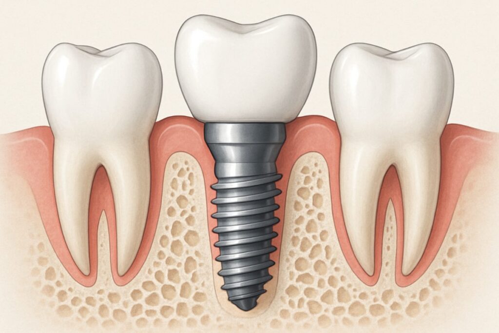 An animated diagram showcasing the step-by-step process of how a dental implant works