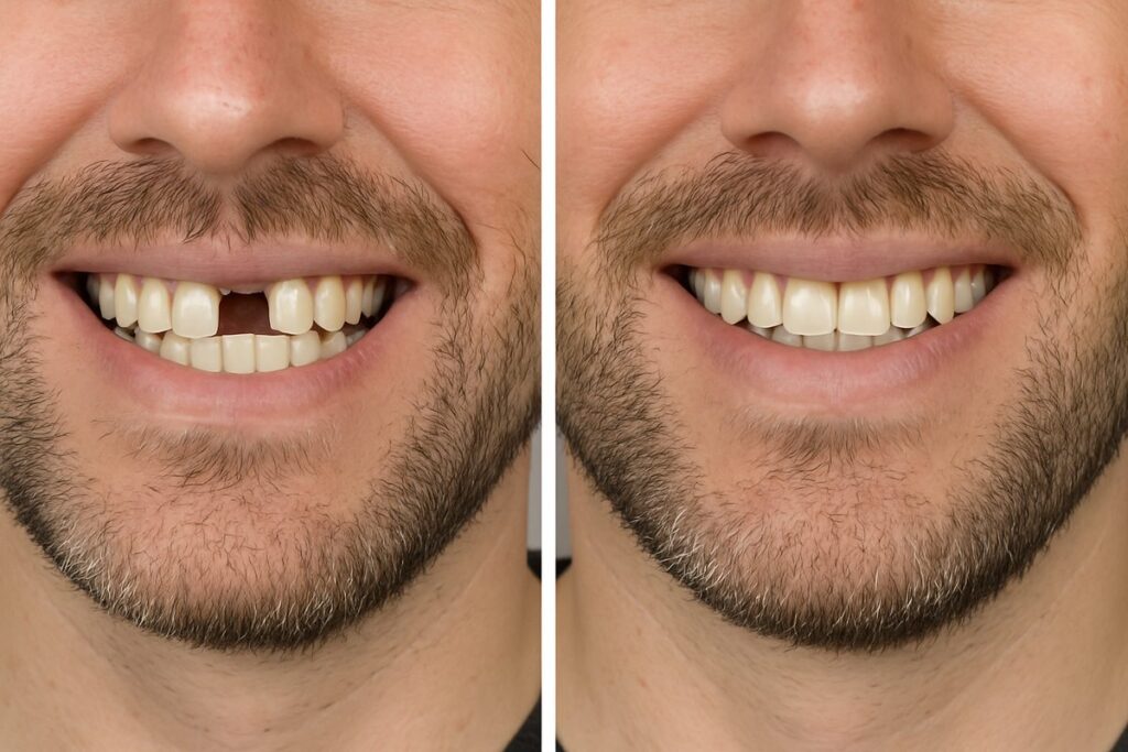 A split image displaying a before and after photo of a patient who received a dental implant to fix a missing tooth. No text on the image.