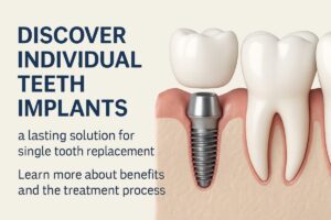 A close-up of a dentist carefully placing an individual tooth implant into a patient's jaw. The image should convey precision and advanced dental technology. No text on the image.