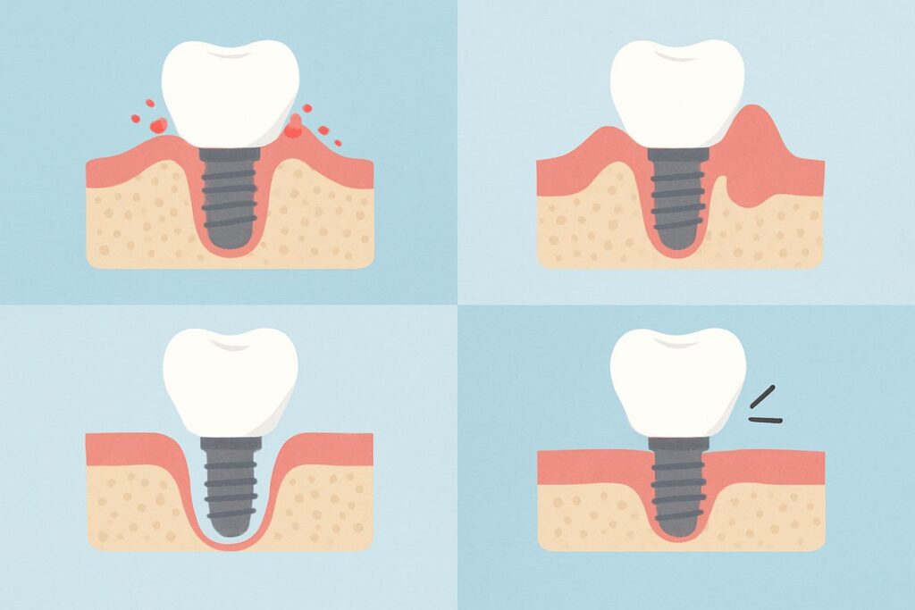 An infographic detailing the potential long-term side effects of dental implants, including peri-implantitis, gum recession, bone loss, and prosthetic problems. No text on the image.