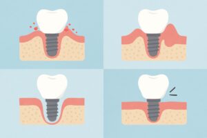 An infographic detailing the potential long-term side effects of dental implants, including peri-implantitis, gum recession, bone loss, and prosthetic problems. No text on the image.