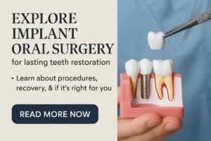 Image of a dentist explaining implant oral surgery to a patient, using a model of the mouth with implants. No text on the image.