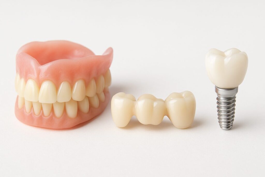 A close-up studio shot of four different types of "fake teeth" - dentures, a bridge, a crown, and an implant - against a clean white background. No text on image.