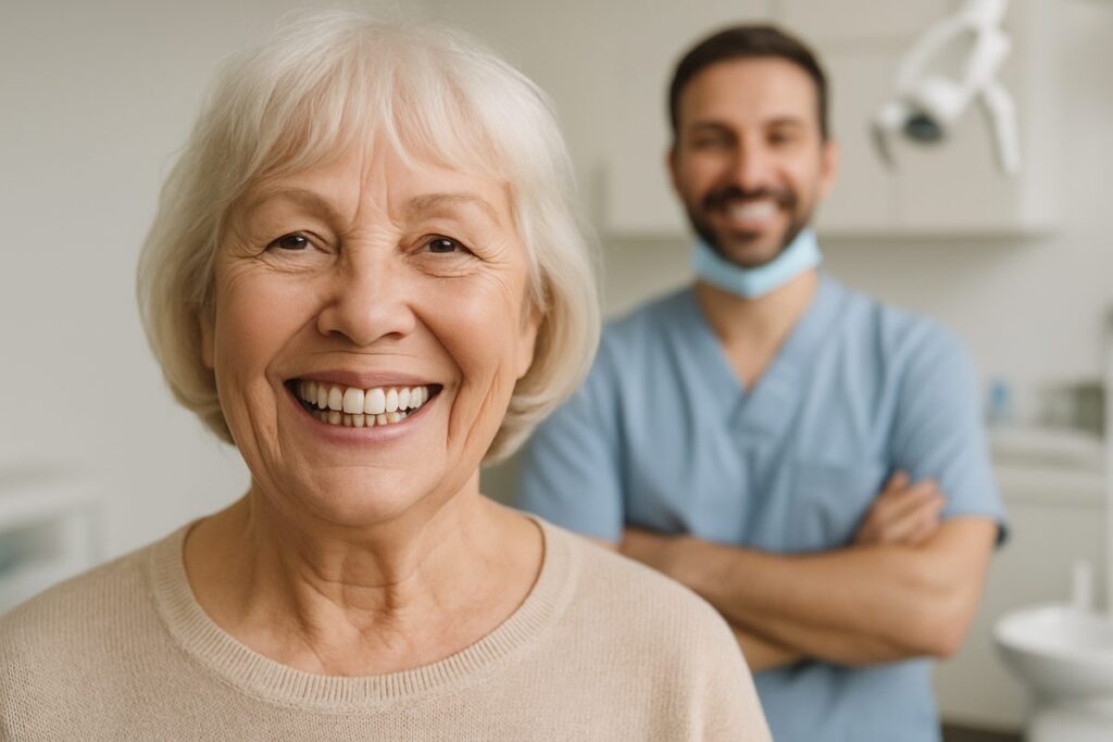 Image of a smiling senior woman with dental implants on her upper teeth, showcasing a natural-looking smile, with a dentist in the background. No text on the image.