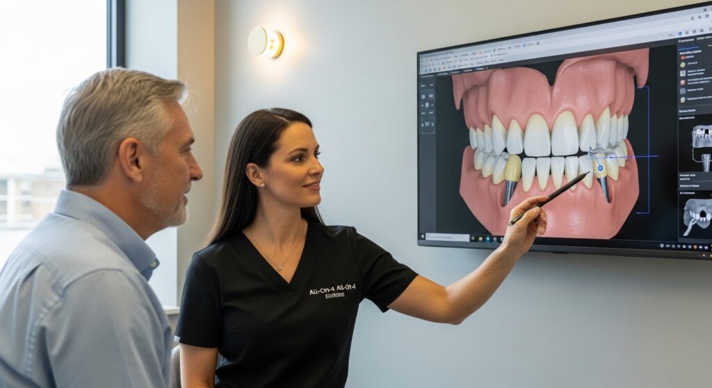 Dentist and patient discussing All-on-4 dental implants in a modern clinic.